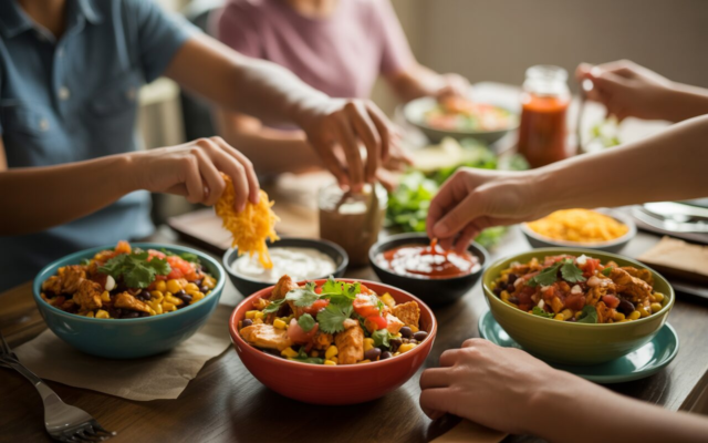 A family dinner table scene with four colorful chicken burrito bowls, small bowls of toppings like shredded cheese, sour cream, and hot sauce scattered around, hands reaching in to grab toppings.