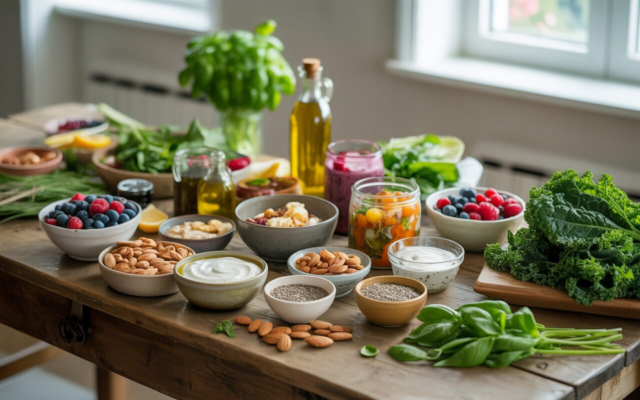 “Bright, natural kitchen scene with a wooden table filled with whole, gut-healthy foods including leafy greens, berries, olive oil, fermented vegetables, yogurt, nuts, seeds, and fresh herbs, 