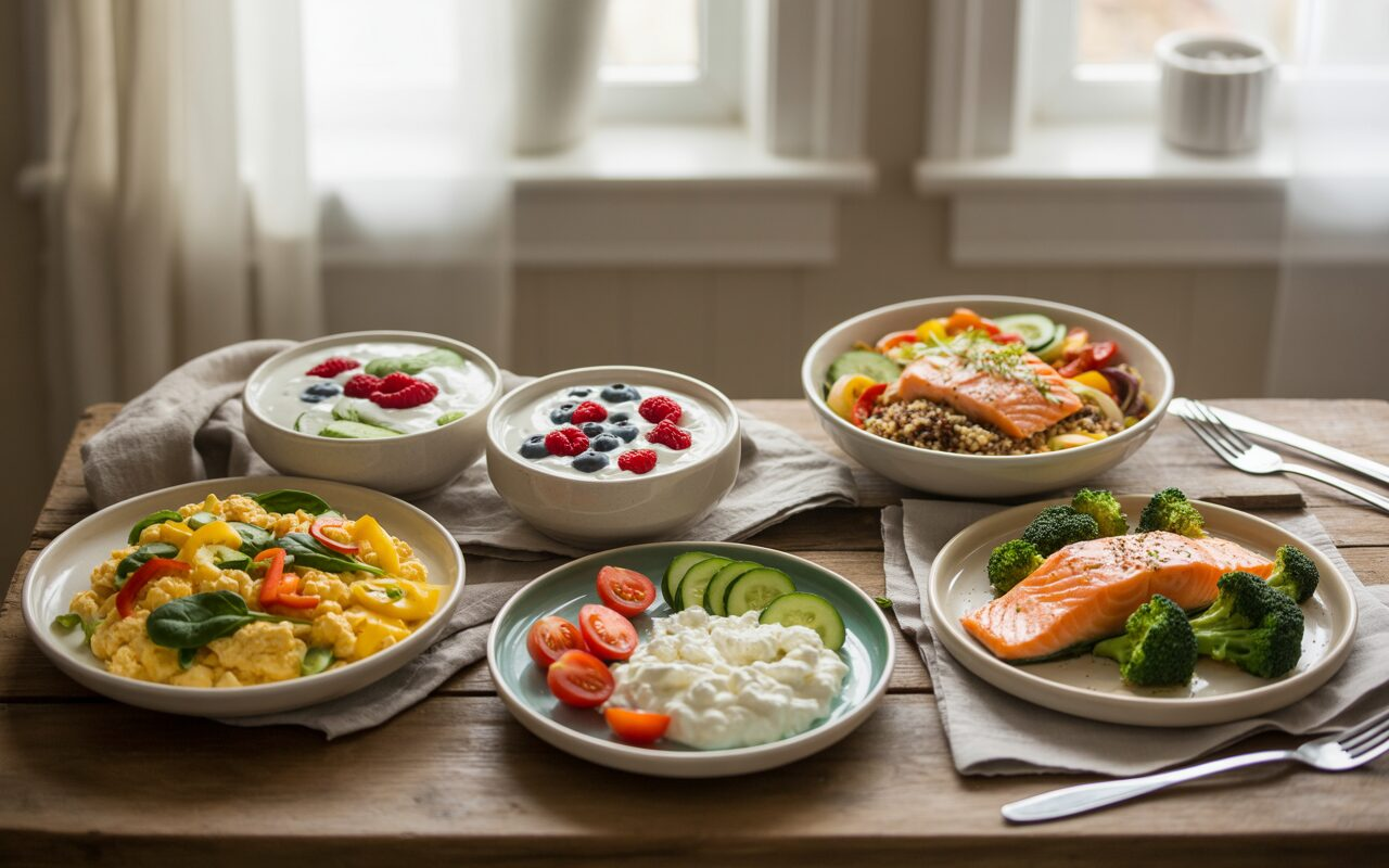 a-bright-natural-kitchen-scene-featuring_6qBBmu7WQl-s25Q4fAa9MA_d4h-rRObQfyaCW7370MkNw A bright, natural kitchen scene showing a full high-protein, high-fiber day of eating laid out on a wooden table, including eggs with vegetables, Greek yogurt with berries, a Mediterranean salmon bowl, cottage cheese with vegetables, and a simple salmon dinner,