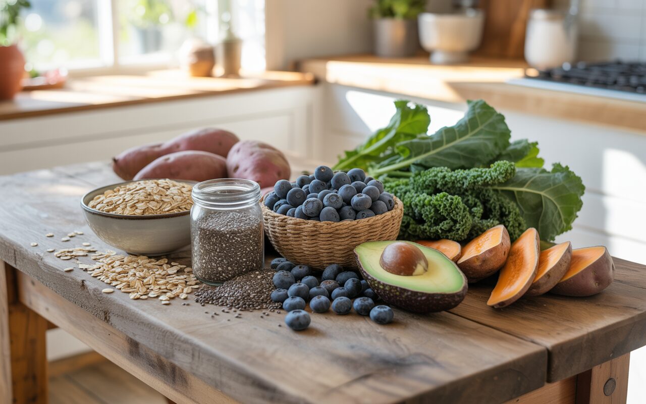 a-clean-food-photography-shot-of-a-rusti_w1ACVodgRr2SfzocGRb7Lw_lv1J4SDZT3CVcYFznv5iUg A bright, cozy kitchen scene with a wooden table covered in high-fiber foods including oats, chia seeds, blueberries, avocado, sweet potatoes, and leafy greens