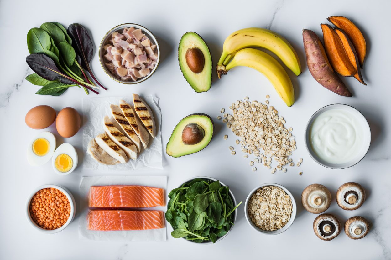 Bright, clean flat-lay of real foods high in B vitamins on a light neutral background, including salmon, eggs, chicken, lentils, leafy greens, avocado, oats, mushrooms, yogurt, bananas, and sweet potatoes,