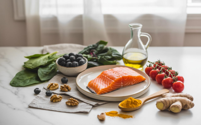 A bright, inviting kitchen table with a variety of anti-inflammatory foods displayed naturally, salmon fillet, blueberries, leafy greens, olive oil, turmeric, walnuts, tomatoes, and ginger.