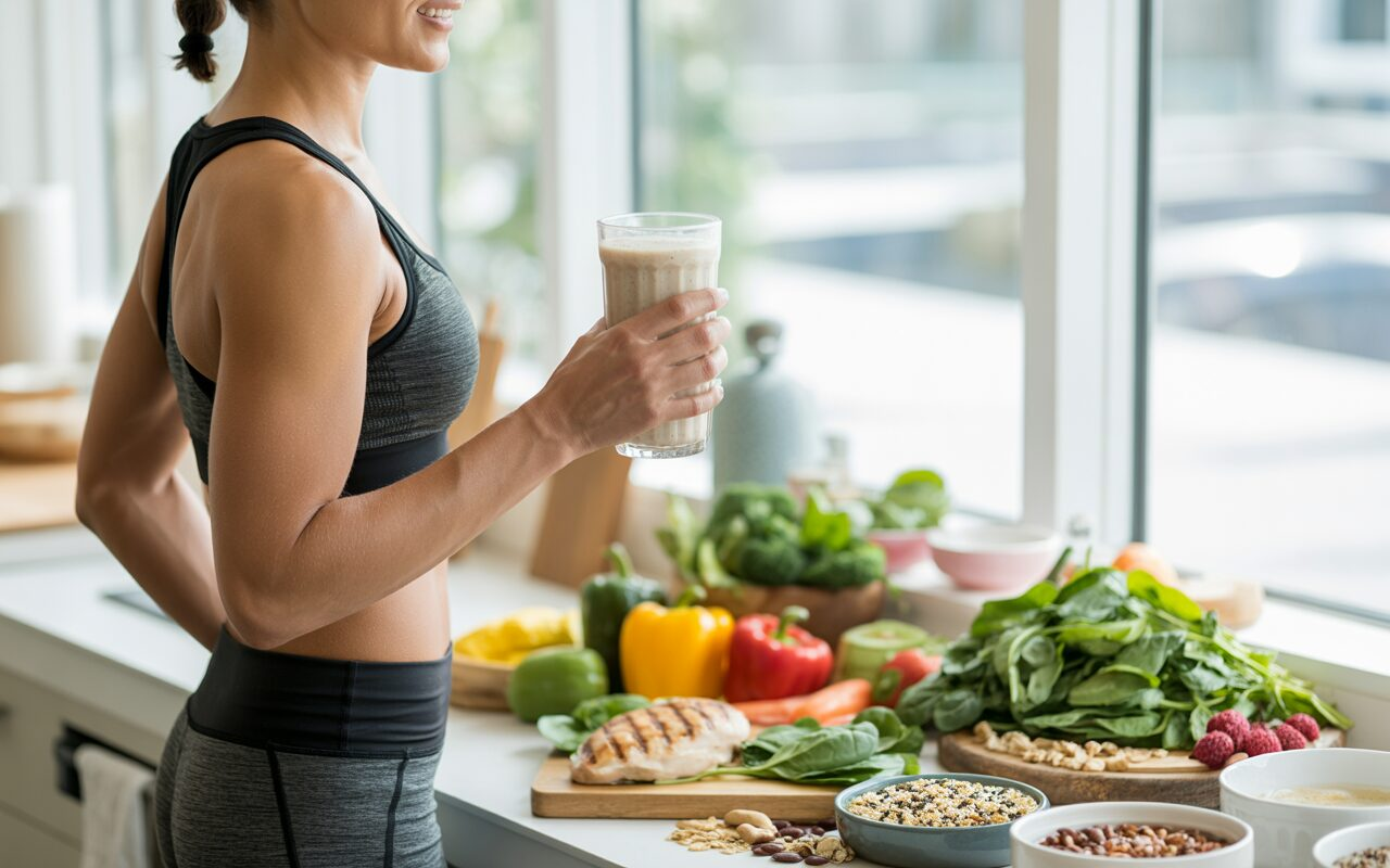 a-photograph-of-a-fit-woman-in-athletic-_hx_YSKzZR42LeXamt8nrlg_HOGwzntxRMqLMnVJuCaDPw A photograph of a fit woman in athletic workout clothes standing in a bright, modern kitchen filled with vibrant healthy foods.