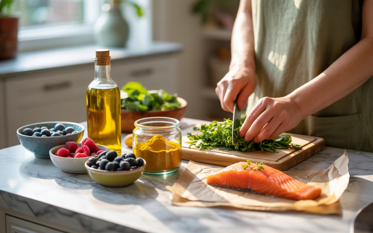 anti inflammatory Hearty Veggie Soup (Shortcut Style) A cozy, real-life meal prep scene with anti-inflammatory ingredients on a kitchen counter, chopping leafy greens, olive oil bottle, salmon ready to cook, berries in bowls, turmeric spice jar visible.