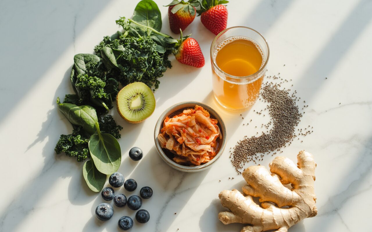 A bright, airy flat lay of gut-friendly foods on a white marble surface: colorful fruits, leafy greens, a small bowl of kimchi, a glass of kombucha, chia seeds, and fresh ginger root.