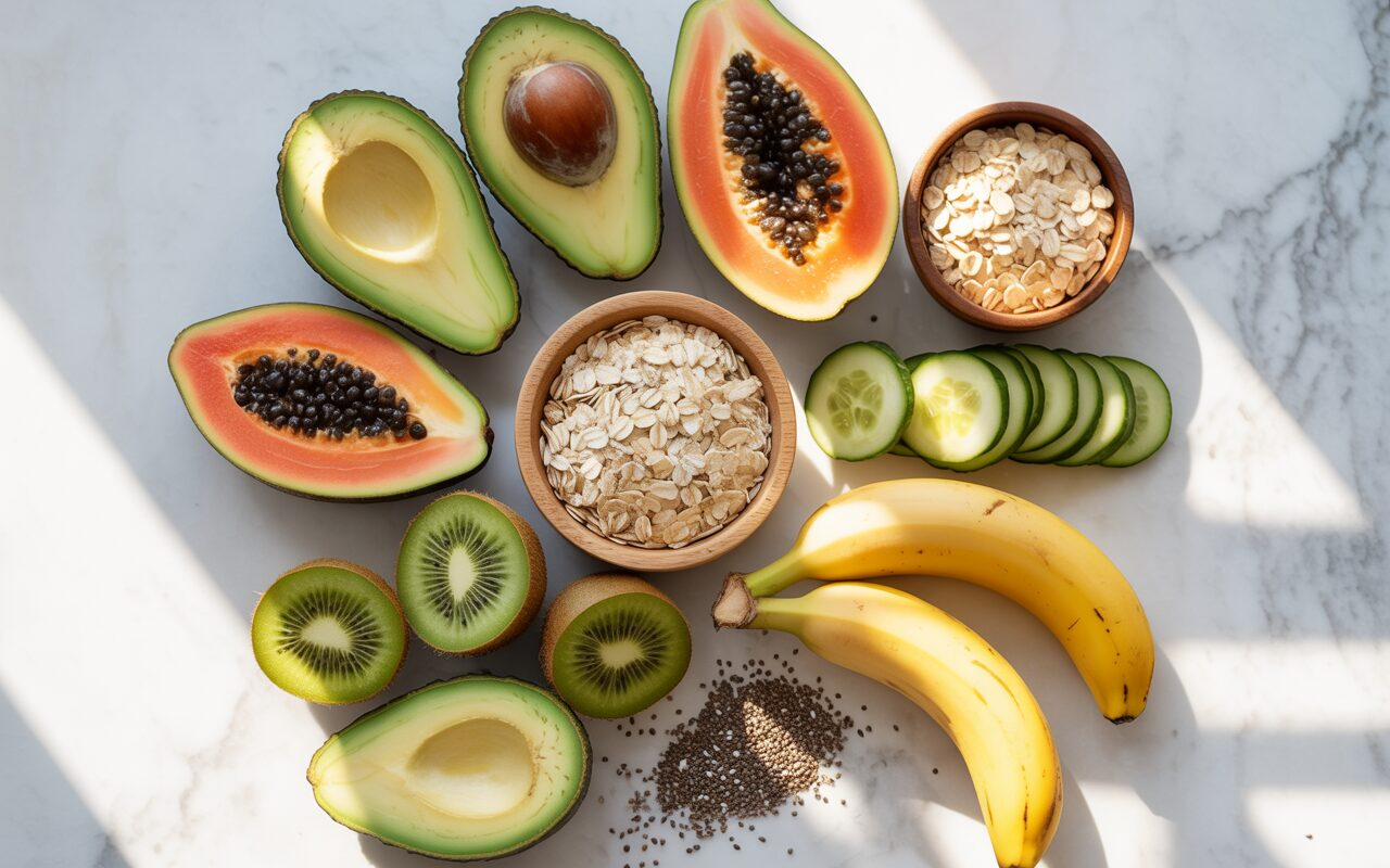 A bright, airy flat lay of high fiber debloating foods arranged on a white marble surface, including halved avocado, sliced papaya, kiwi, cucumber, bananas, oats, and chia seeds, natural lighting, soft shadows, food photography style, warm neutral tones with pops of green and yellow.