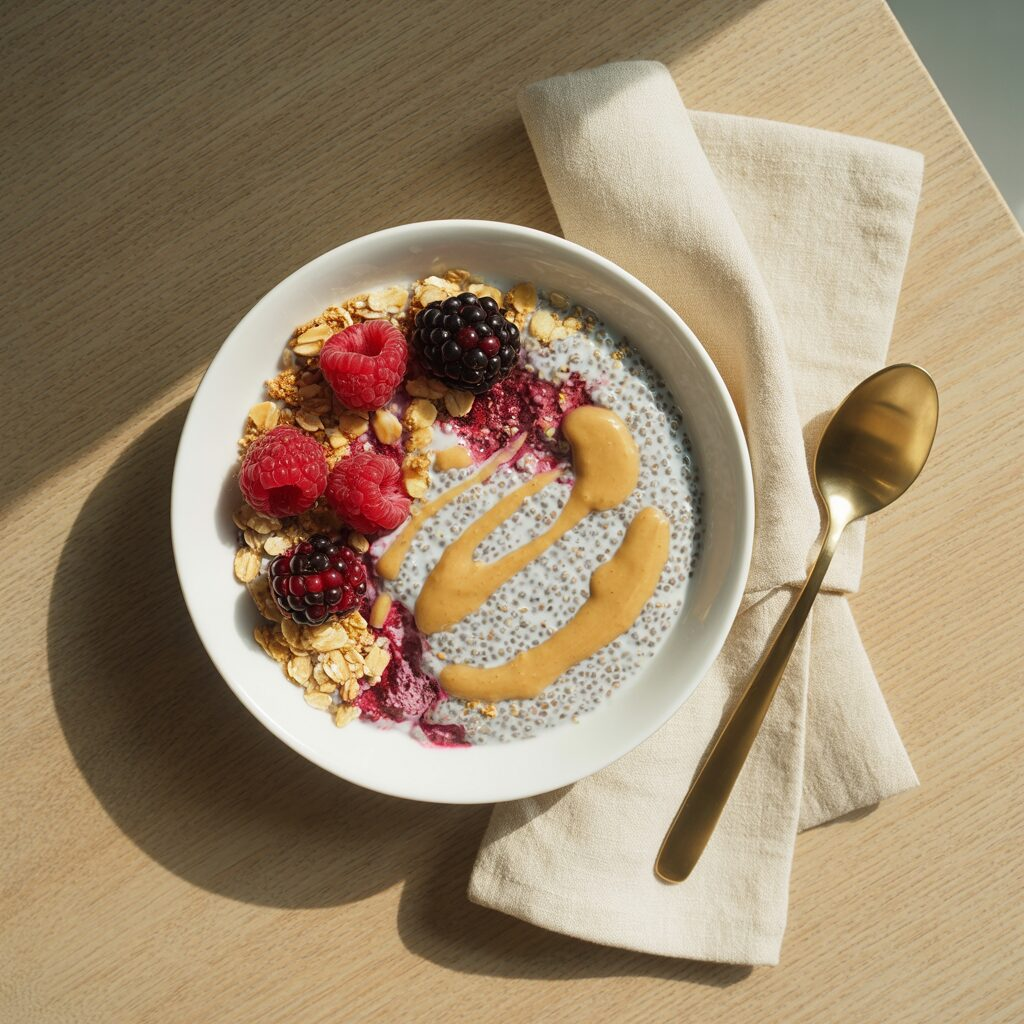 Overhead flat lay of a chia pudding bowl in a white ceramic bowl on a light wooden surface, topped with fresh raspberries and blackberries, oat granola, a drizzle of almond butter, and a sprinkle of ground flaxseed.