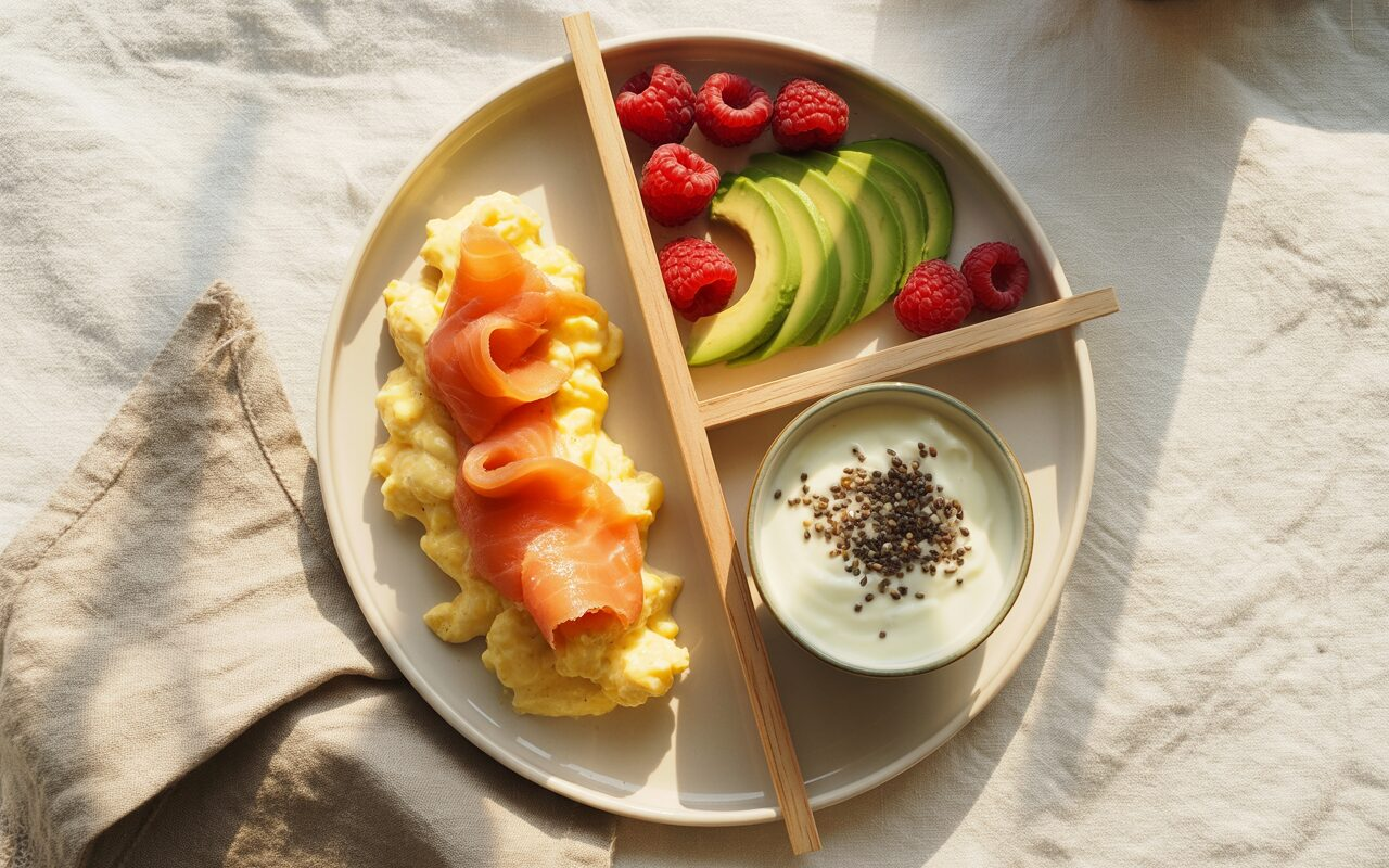 A top-down flat lay of a white ceramic plate divided into three equal sections by a thin natural wooden divider, one section filled with scrambled eggs and smoked salmon, one section with fresh raspberries and sliced avocado, and one section with a small bowl of Greek yogurt topped with chia seeds. Soft natural morning light, linen napkin to the side, matte surface, warm and bright editorial food photography style.