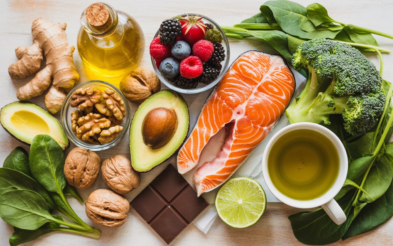 A vibrant, overhead flat lay of anti-inflammatory foods arranged artfully on a warm white or light wood surface, including fresh wild salmon, colorful berries, avocado halves, walnuts, turmeric root, fresh ginger, broccoli, leafy greens, olive oil in a small glass bottle, dark chocolate pieces, and a cup of green tea. Natural light, soft shadows, rich saturated colors, food photography style, no text.
