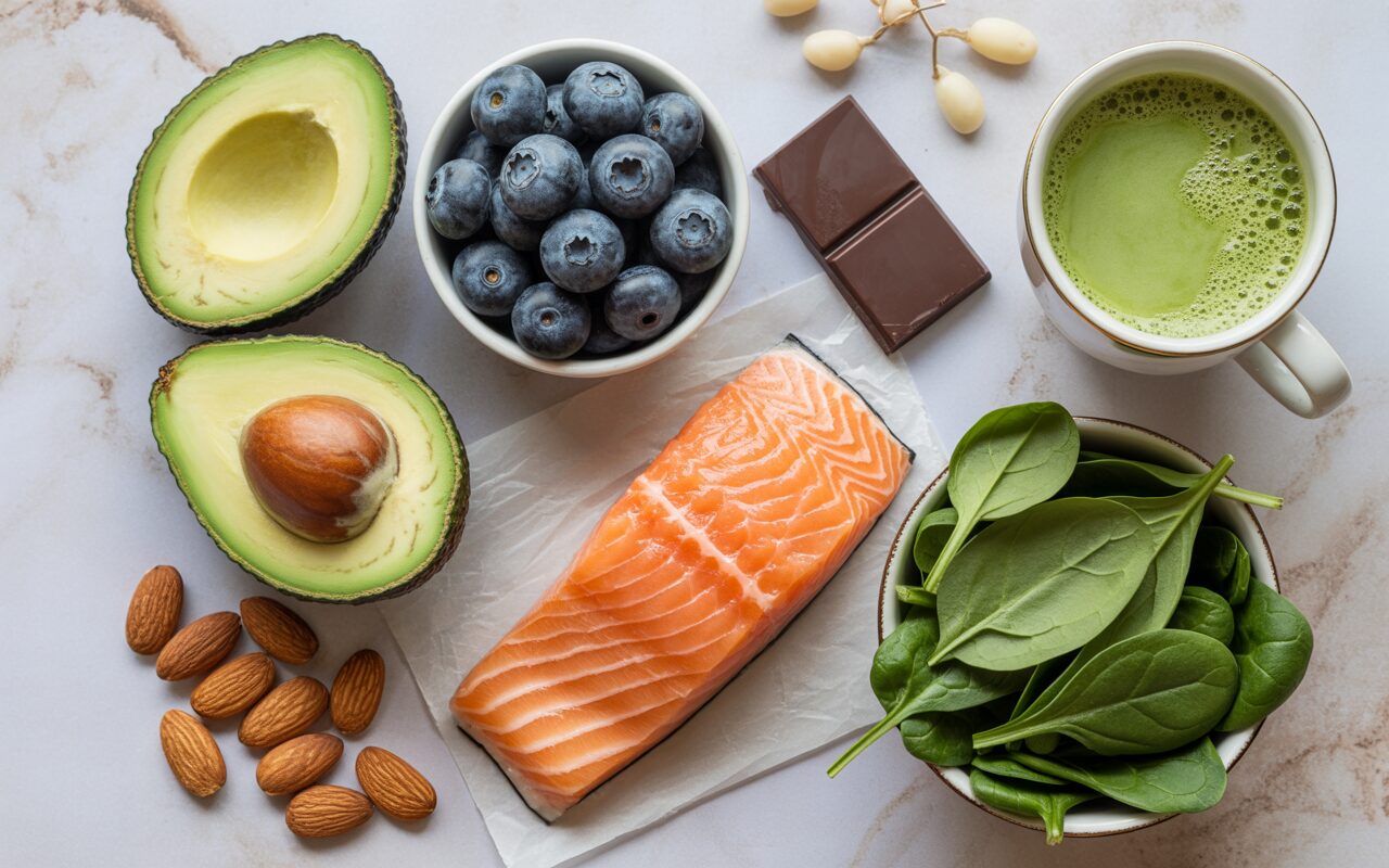 lat lay of cortisol-lowering foods arranged beautifully on a light marble surface: a ripe avocado cut in half, a small bunch of blueberries, a piece of dark chocolate, a salmon fillet, a handful of almonds, fresh spinach leaves, and a cup of matcha. Soft natural light, warm and inviting, food photography style.