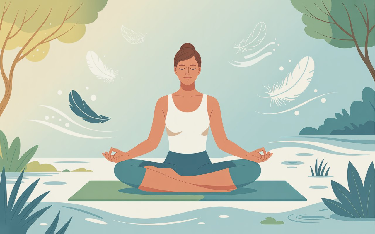 a-serene-wellness-illustration-depicting_1xXTJDYWUuCJEdq5z2umkw_f8AMAYMyTfuC_LT2s0cOSA A serene wellness illustration depicting a peaceful meditation scene with soft, calming colors. A person sits cross-legged in lotus position on a yoga mat, surrounded by gentle natural elements like flowing water, lush green plants, and warm golden sunlight filtering through trees. The figure appears relaxed and centered, with closed eyes and a tranquil expression, while soft pastel blues and greens create a soothing atmosphere. Floating around the scene are subtle visual representations of stress relief - gentle waves, floating feathers, and soft light particles - all rendered in a minimalist, therapeutic art style that evokes balance and inner peace.