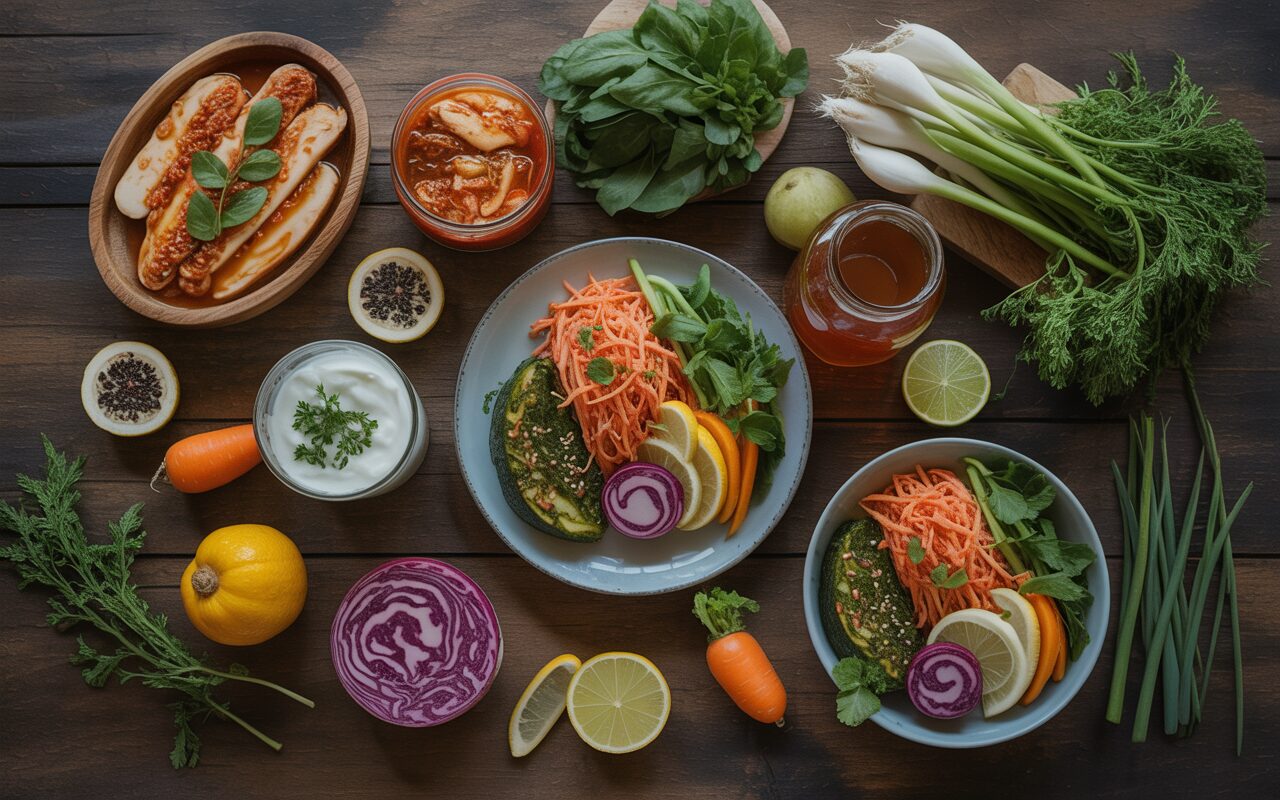 Overhead flat lay of a beautiful gut healthy meal, fermented foods, kimchi, yogurt, kombucha, colorful vegetables,